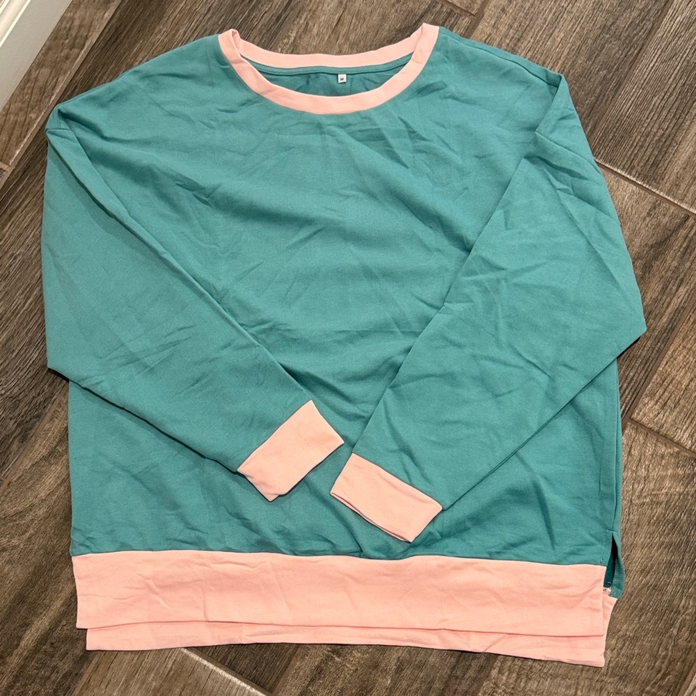 Ladies Teal Long Sleeve Shirt with pink trim - size M